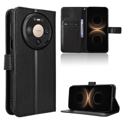 Black diamond-texture leather phone case with folio flip cover and kickstand feature