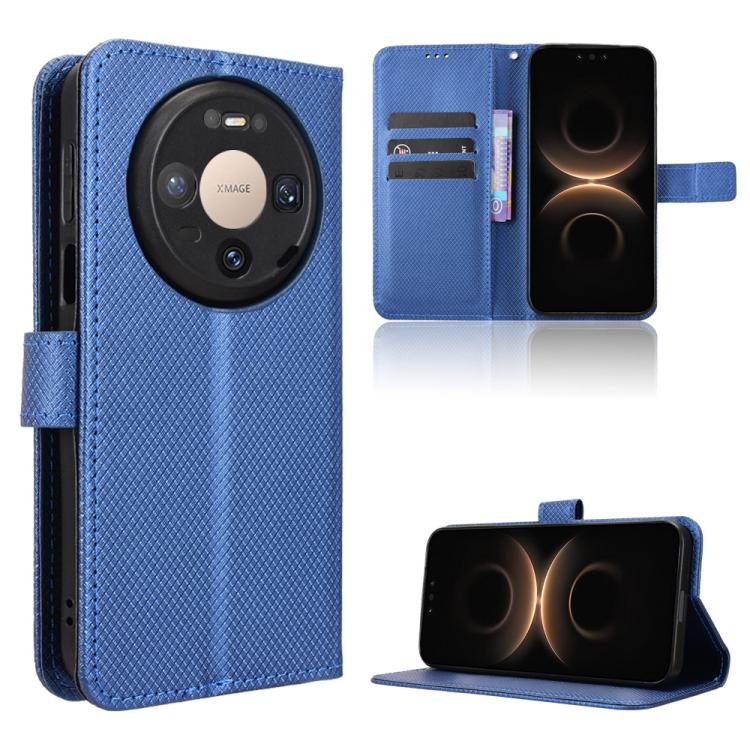 Blue diamond-texture leather phone case with folio flip cover and kickstand feature