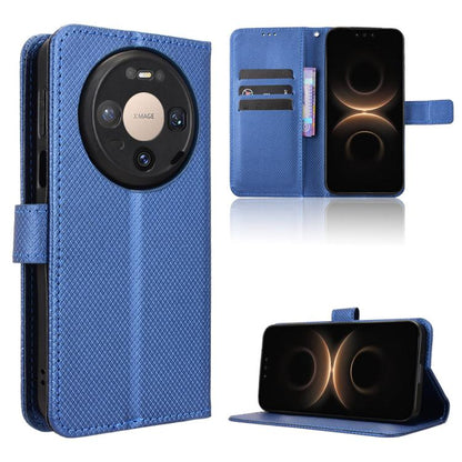 Blue diamond-texture leather phone case with folio flip cover and kickstand feature