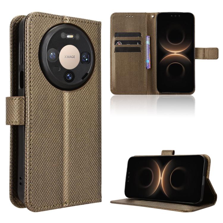 Brown diamond-texture leather phone case with folio flip cover and kickstand feature