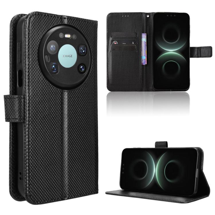 Black diamond-texture leather phone case with flip cover and card slots, stand view