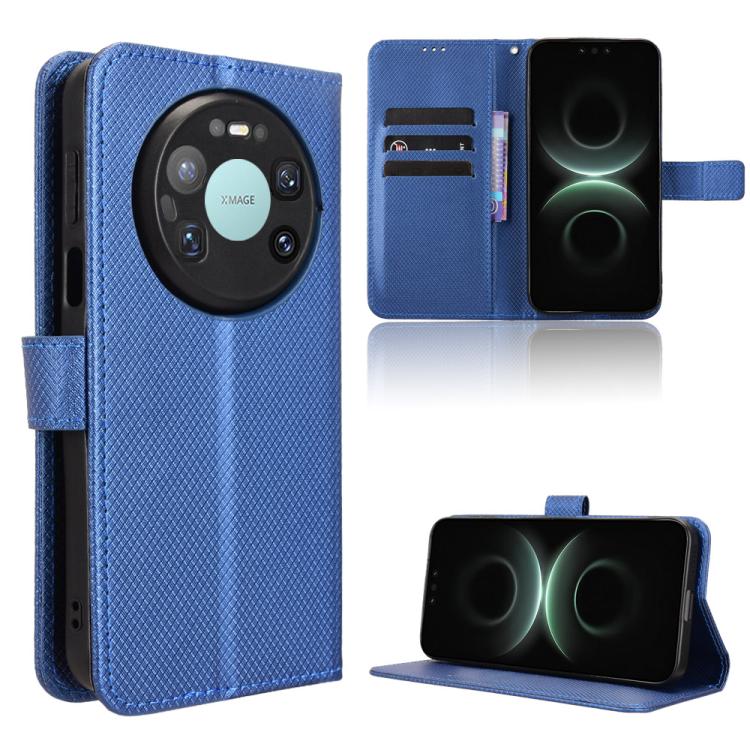 Blue diamond-texture leather phone case with flip cover and card slots, stand view