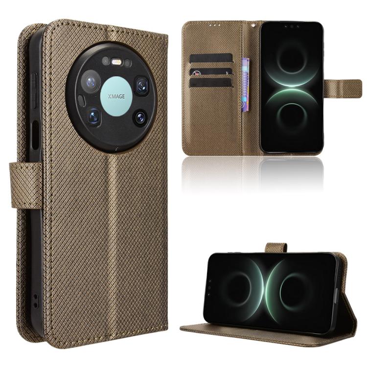 Brown diamond-texture leather phone case with flip cover and card slots, stand view