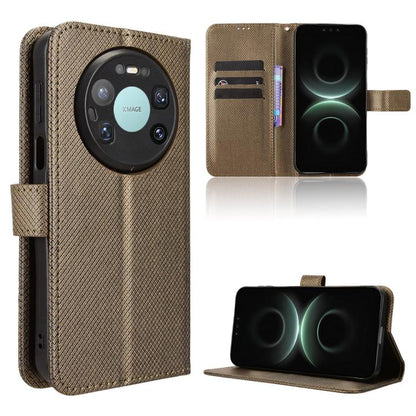 Brown diamond-texture leather phone case with flip cover and card slots, stand view