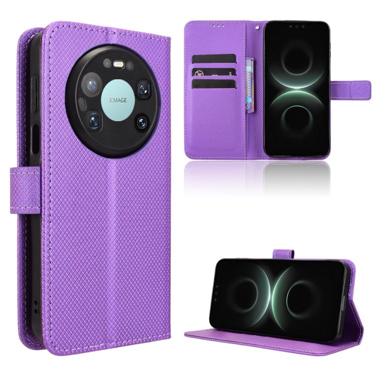 Purple diamond-texture leather phone case with flip cover and card slots, stand view