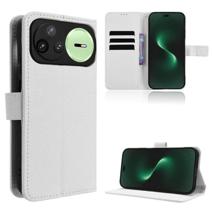Diamond-texture leather wallet phone case with flip cover and card slots, white.