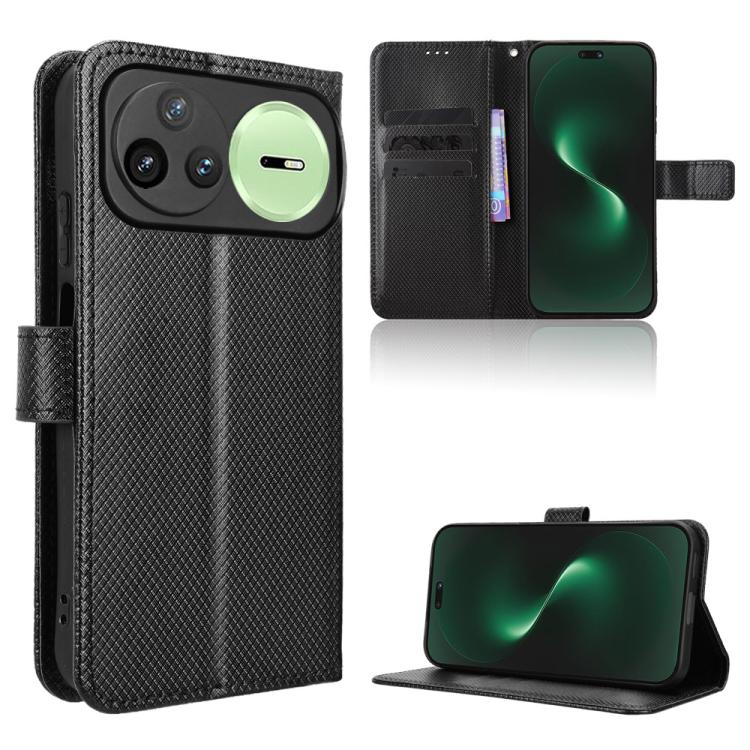Diamond-texture leather wallet phone case with flip cover and card slots, black.
