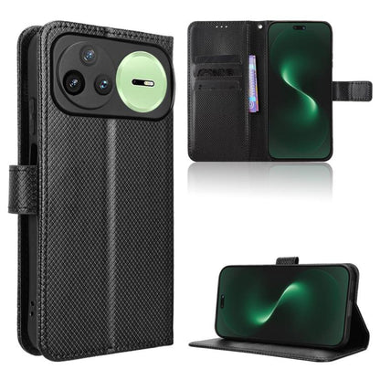 Diamond-texture leather wallet phone case with flip cover and card slots, black.