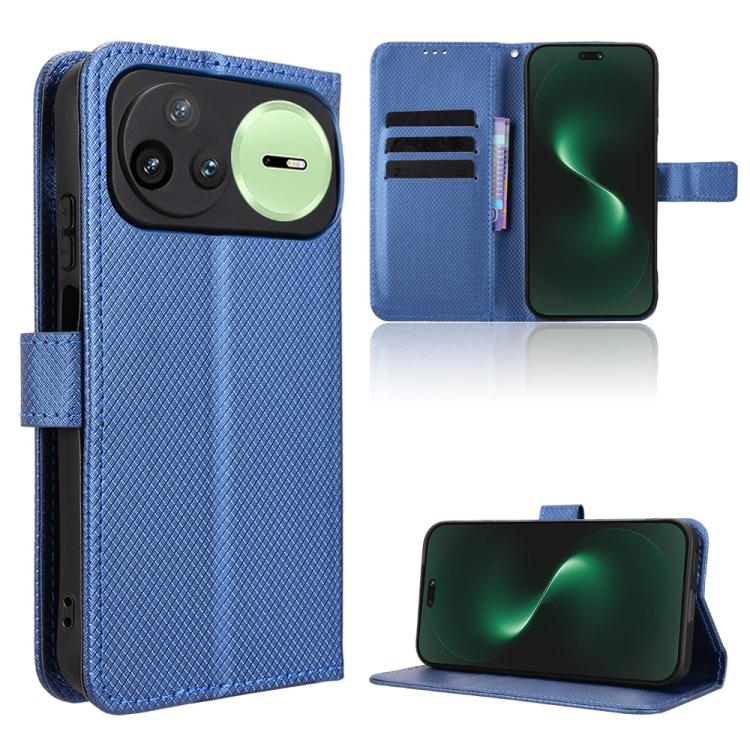 Diamond-texture leather wallet phone case with flip cover and card slots, blue.