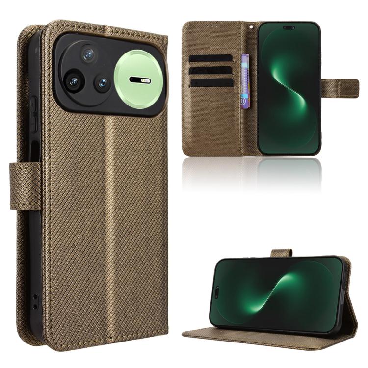 Diamond-texture leather wallet phone case with flip cover and card slots, brown.