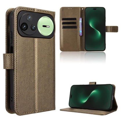 Diamond-texture leather wallet phone case with flip cover and card slots, brown.