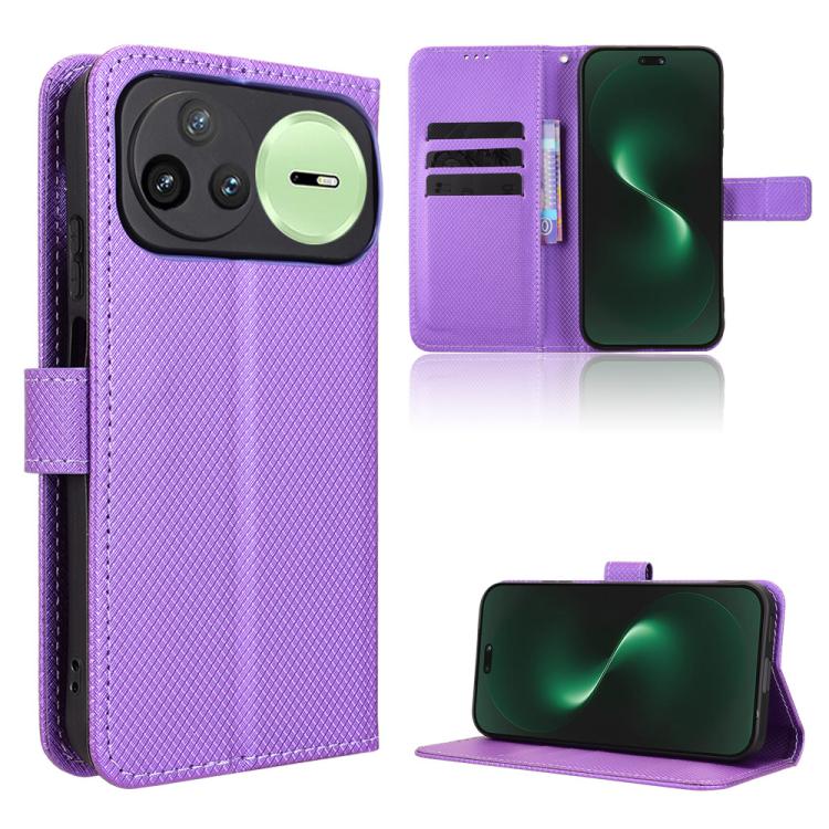 Diamond-texture leather wallet phone case with flip cover and card slots, purple.