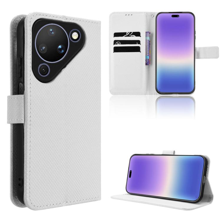 Diamond-texture leather wallet phone case with flip cover and card slots, white.
