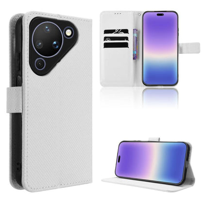 Diamond-texture leather wallet phone case with flip cover and card slots, white.
