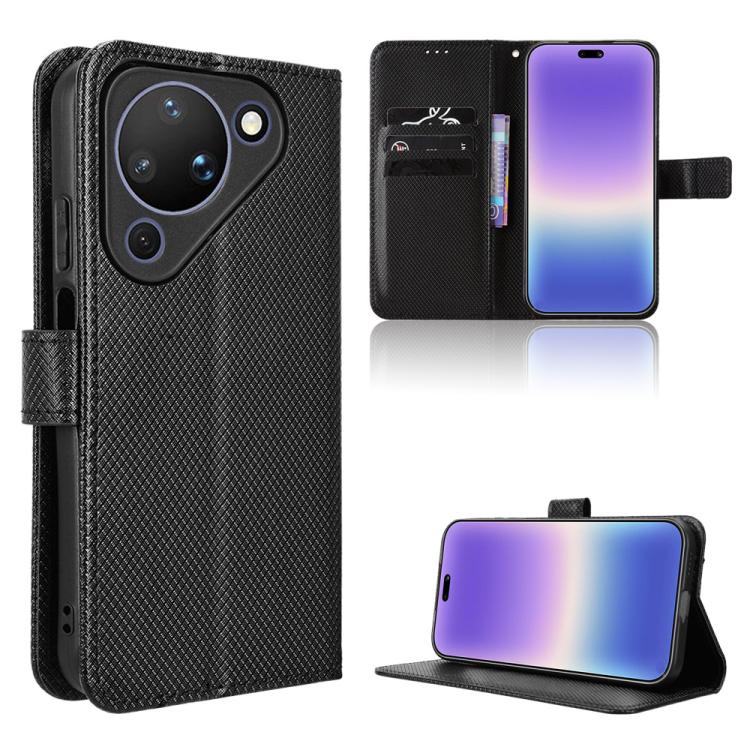 Diamond-texture leather wallet phone case with flip cover and card slots, black.