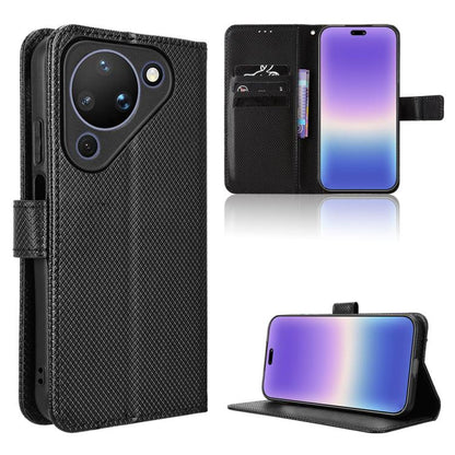 Diamond-texture leather wallet phone case with flip cover and card slots, black.