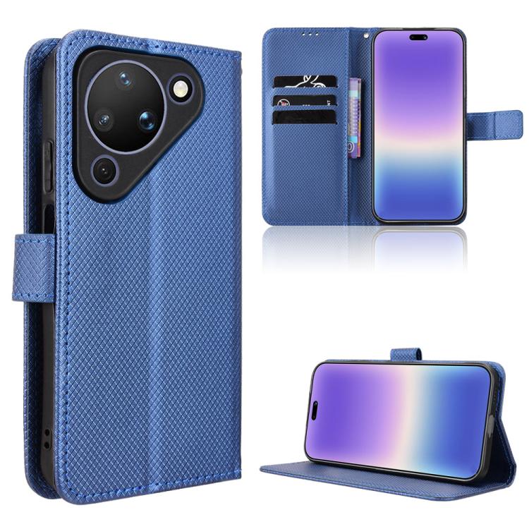 Diamond-texture leather wallet phone case with flip cover and card slots, blue.