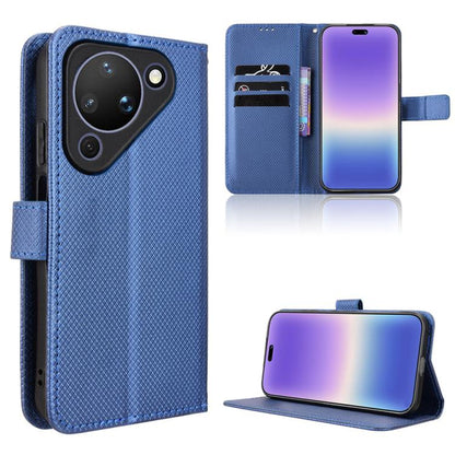 Diamond-texture leather wallet phone case with flip cover and card slots, blue.