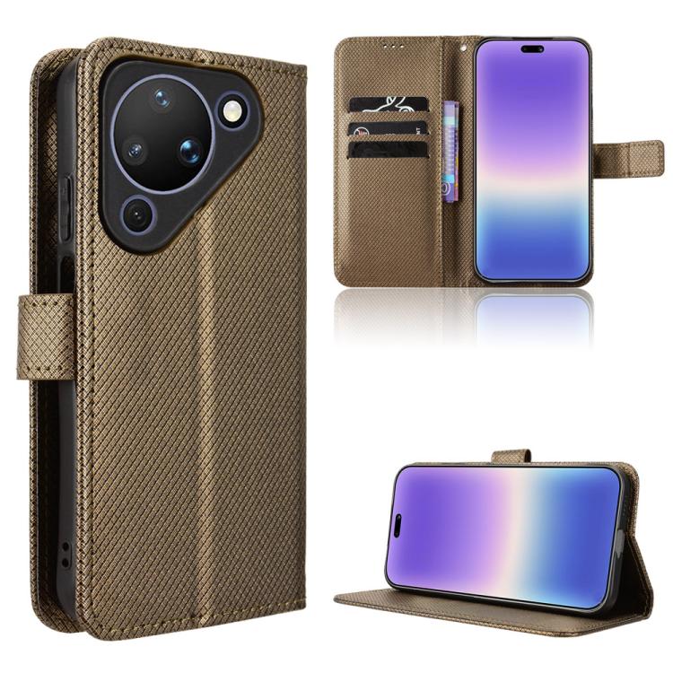 Diamond-texture leather wallet phone case with flip cover and card slots, brown.