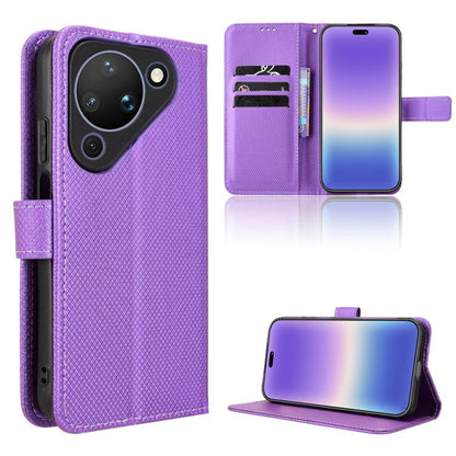 Diamond-texture leather wallet phone case with flip cover and card slots, purple.