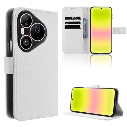 White diamond-texture leather flip phone case with card slots and stand functionality.