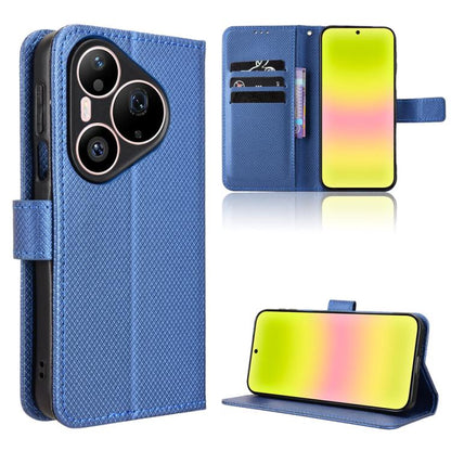 Blue diamond-texture leather phone case with flip cover, card slots, and kickstand.