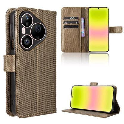 Brown diamond-texture leather flip phone case with card slots and stand.