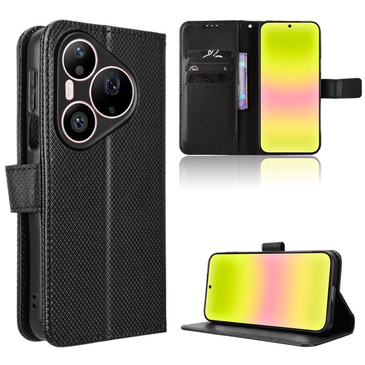 Black diamond-texture leather phone case with flip cover and card slots; landscape stand.