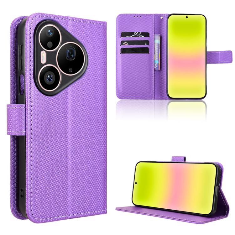 Purple diamond-texture leather phone case with flip cover, card slots, and stand.