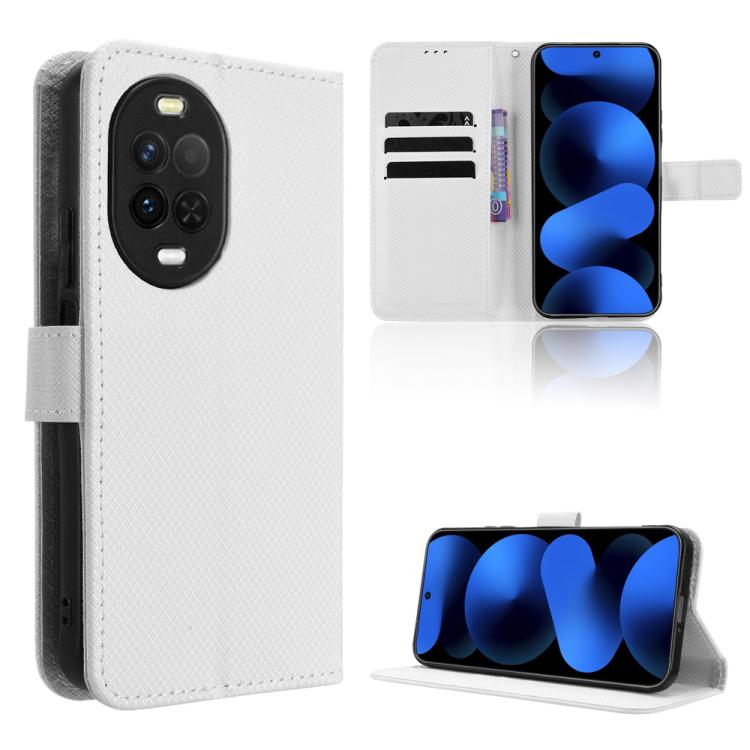 White diamond-texture leather phone case with card slots and flip-stand cover.