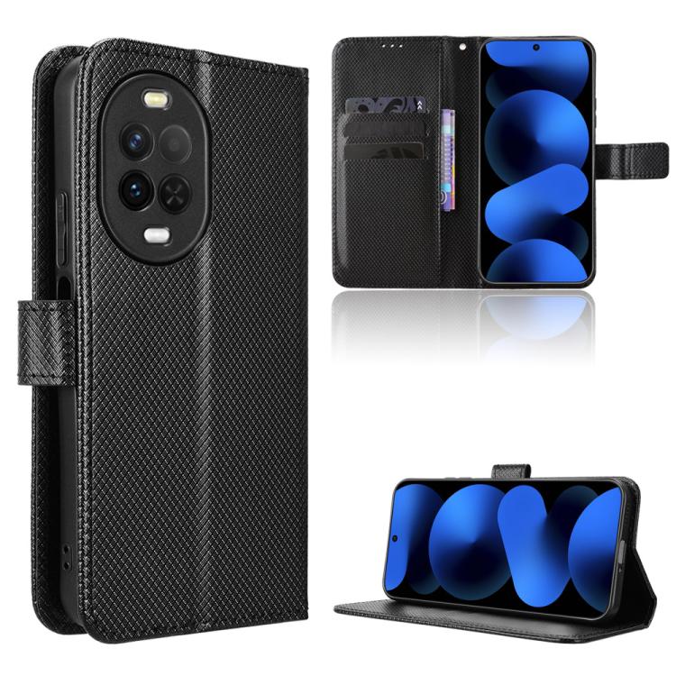 Black diamond-texture leather phone case with card slots and flip-stand cover.