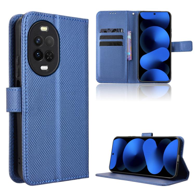 Blue diamond-texture leather phone case with card slots and flip-stand cover.