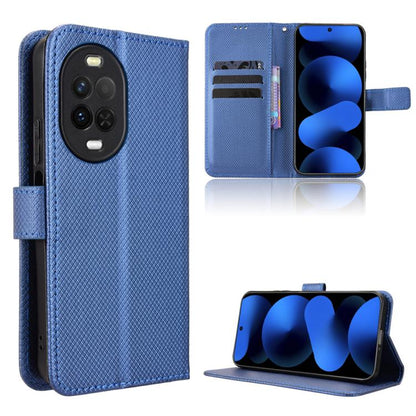 Blue diamond-texture leather phone case with card slots and flip-stand cover.