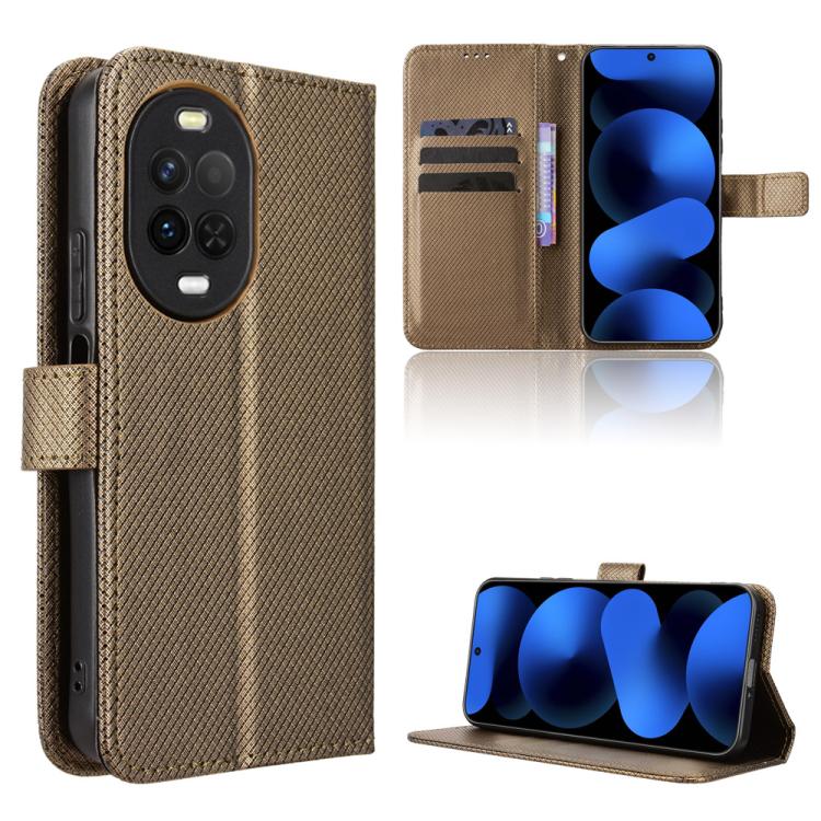 Brown diamond-texture leather phone case with card slots and flip-stand cover.
