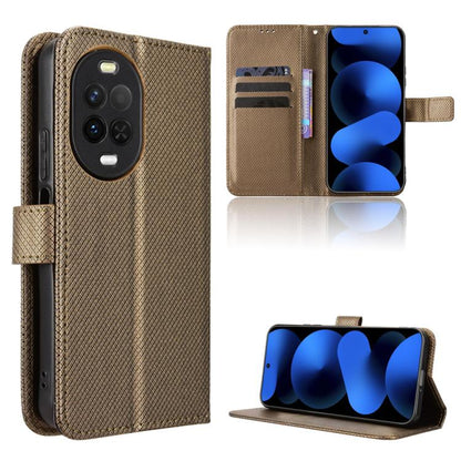 Brown diamond-texture leather phone case with card slots and flip-stand cover.