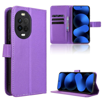 Purple diamond-texture leather phone case with card slots and flip-stand cover.