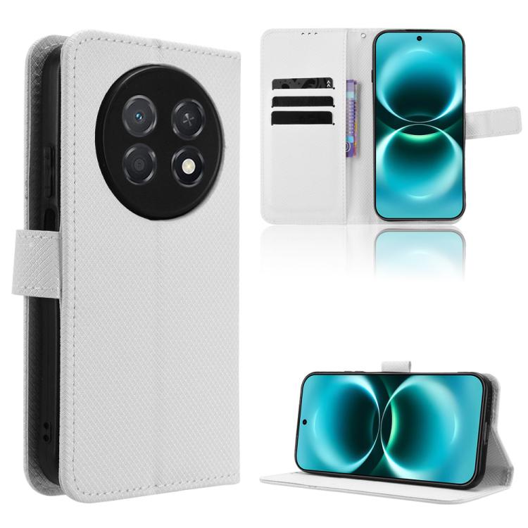 White diamond-texture leather phone case with card slots and flip-stand cover.