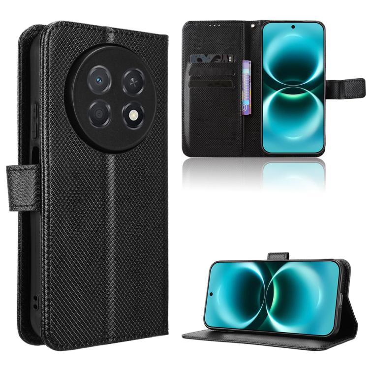 Black diamond-texture leather phone case with card slots and flip-stand cover.