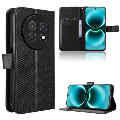 Black diamond-texture leather phone case with card slots and flip-stand cover.