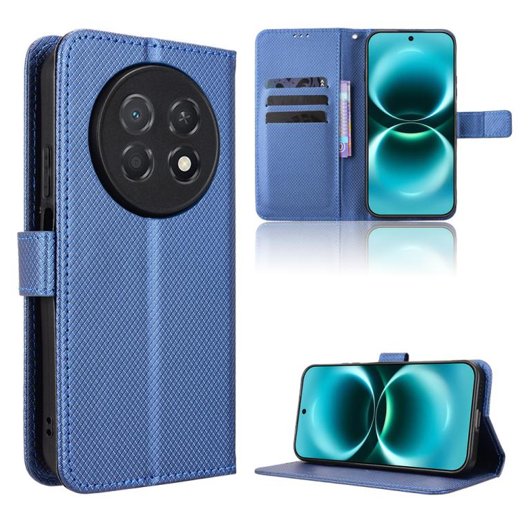 Blue diamond-texture leather phone case with card slots and flip-stand cover.