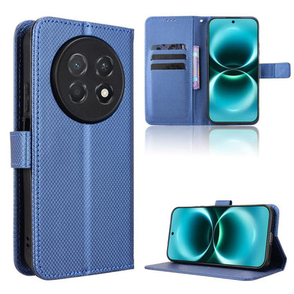 Blue diamond-texture leather phone case with card slots and flip-stand cover.
