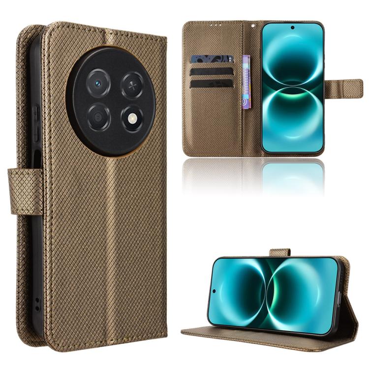 Brown diamond-texture leather phone case with card slots and flip-stand cover.