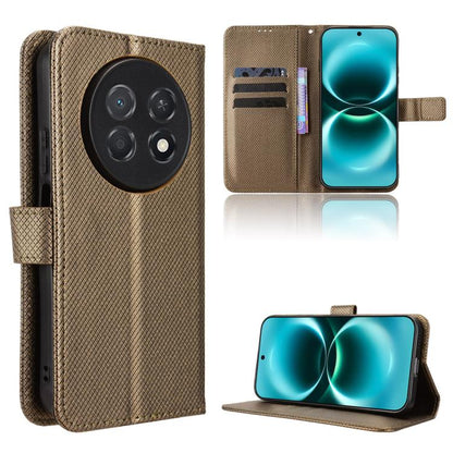 Brown diamond-texture leather phone case with card slots and flip-stand cover.