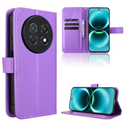 Purple diamond-texture leather phone case with card slots and flip-stand cover.