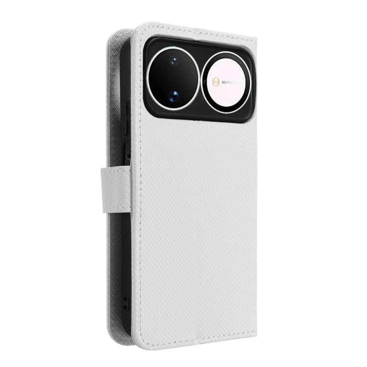 White diamond-texture leather phone case with camera cutout and side strap.
