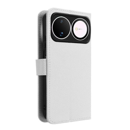 White diamond-texture leather phone case with camera cutout and side strap.