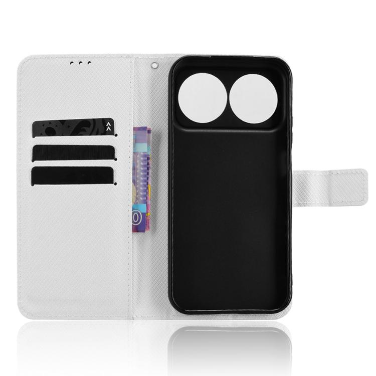 White folio phone case with card slots and camera cutout on the cover.