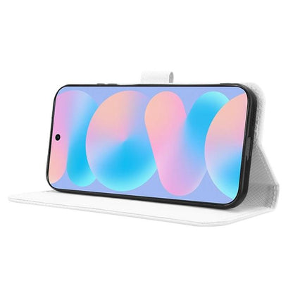 White leather folio phone case with fold-out stand for landscape viewing.