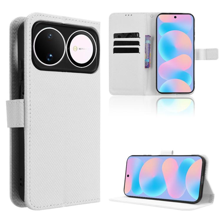 White diamond-texture leather folio phone case with camera cutout and side strap.