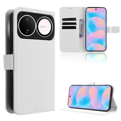 White diamond-texture leather folio phone case with camera cutout and side strap.